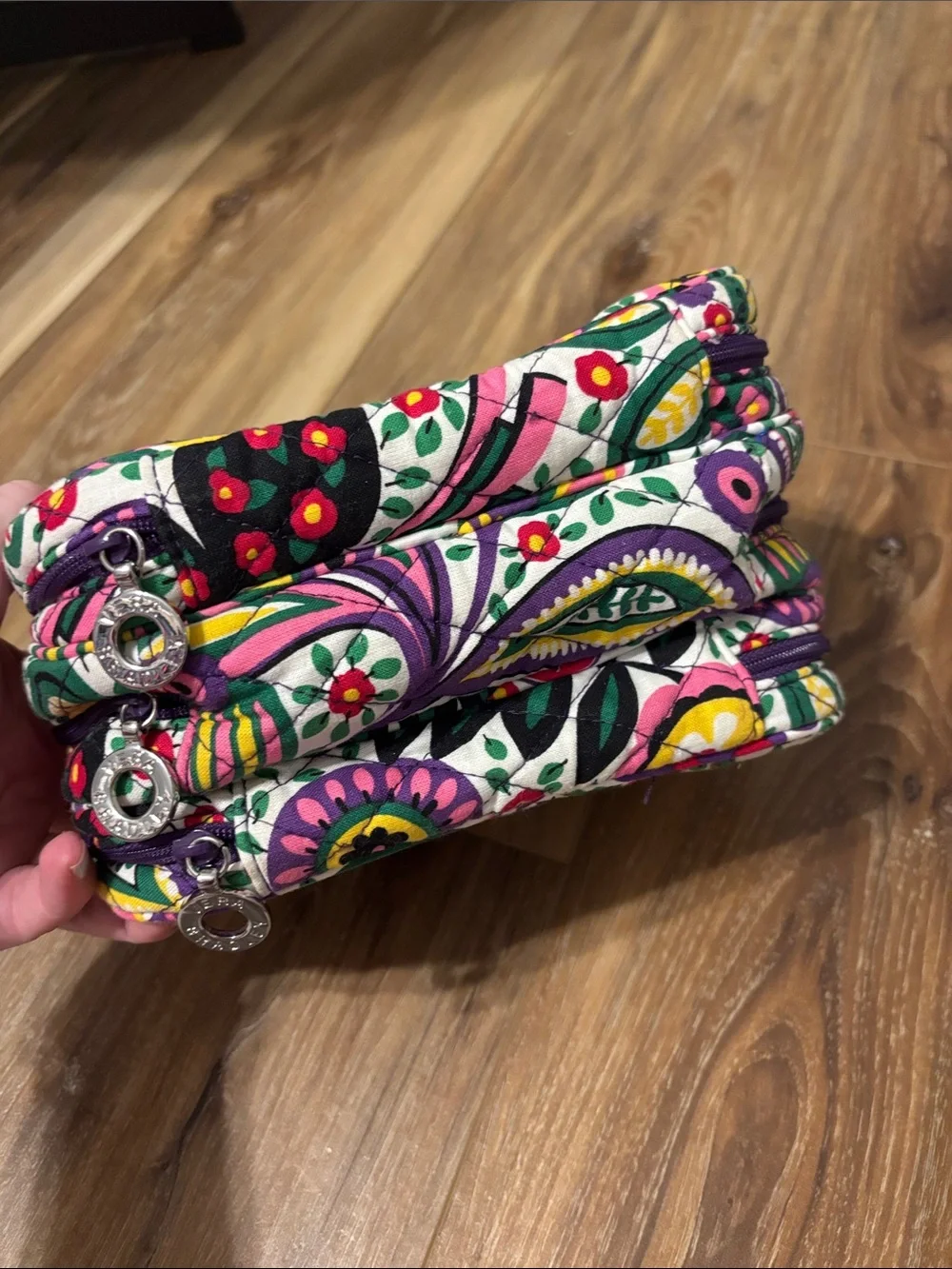 Floral Quilted Multi-Zip Cosmetic Bag - Purple & Green